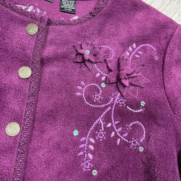 Vintage North Crest Fleece Sweater Cardigan Embroidered Floral Purple Sz 14/16W - Picture 4 of 10